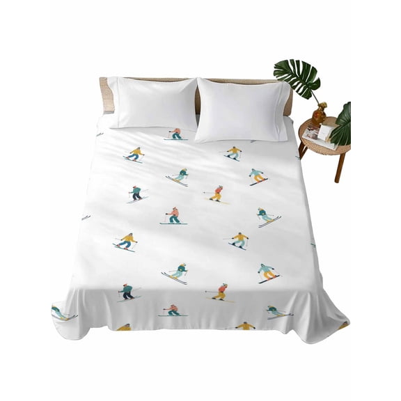 Queen Size Flat Sheet Only, Skiing Soft Brushed Microfiber Bed Sheets, Winter Snow Ski Sports Cartoon Boys Girls Skier Hotel Quality Breathable Bedding Top Sheet, Easy Care, 90"x102"