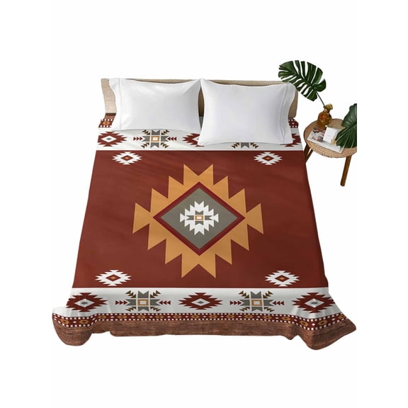 Queen Size Flat Sheet Only, Southwest Soft Brushed Microfiber Bed Sheets, Western Brown Beige Geometric Abstract Art Wooden Hotel Quality Breathable Bedding Top Sheet, Easy Care, 90"x102"