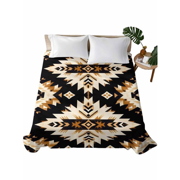 Queen Size Flat Sheet Only, Southwestern Aztec Soft Brushed Microfiber Bed Sheets, Retro National Style Brown Abstract Hotel Quality Breathable Bedding Top Sheet, Easy Care, 90"x102"