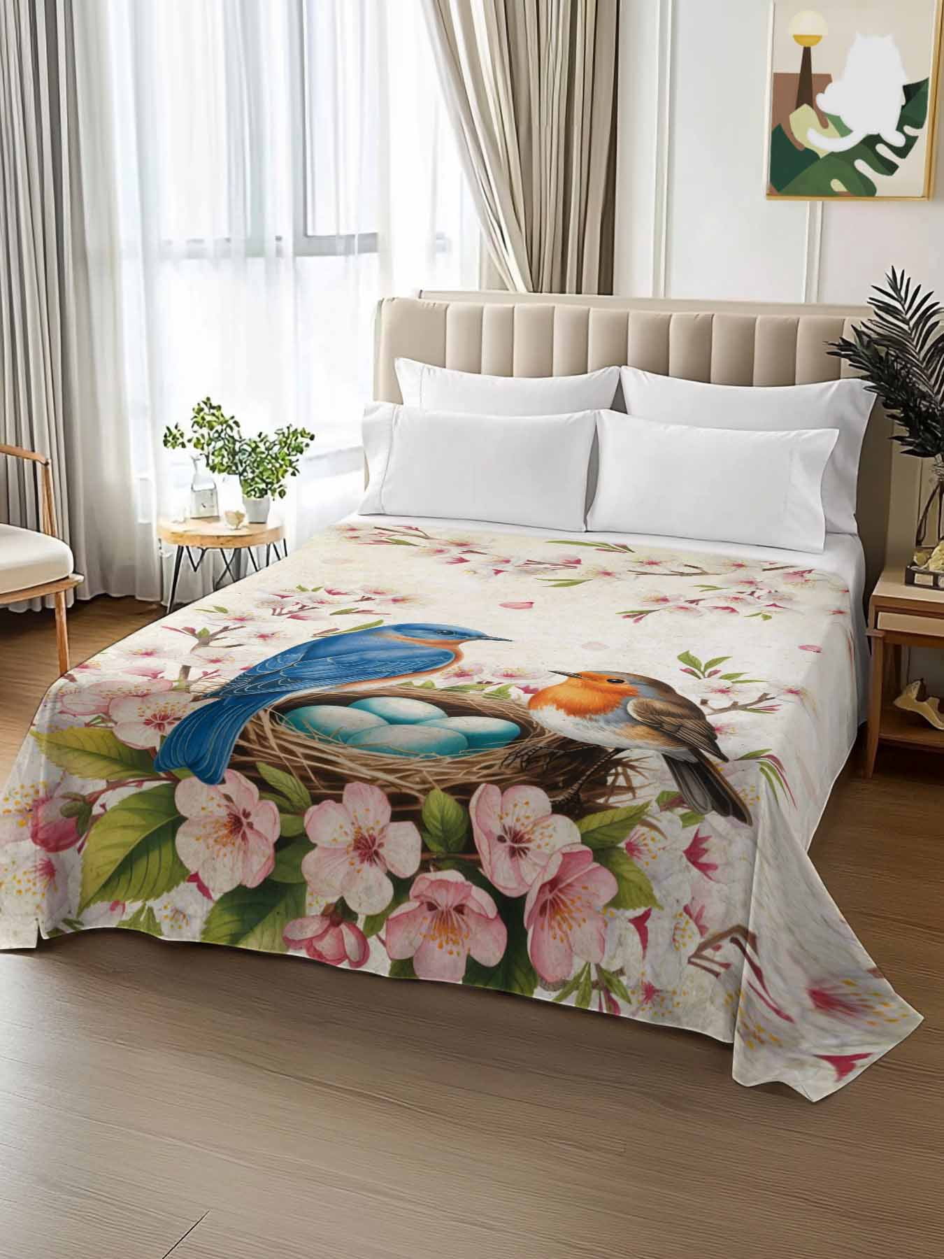 Sheets King Pattern Spring King Size Flat Sheet Only,Spring Bird Nests Soft Breathable Top Bedding ...