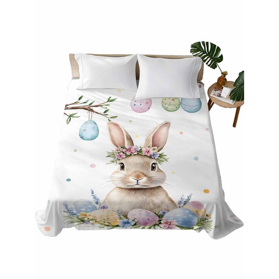 Queen Size Flat Sheet Only, Spring Easter Bunny Soft Brushed Microfiber Bed Sheets, Colorful Eggs Botanical Floral Hotel Quality Breathable Bedding Top Sheet, Easy Care, 90"x102"