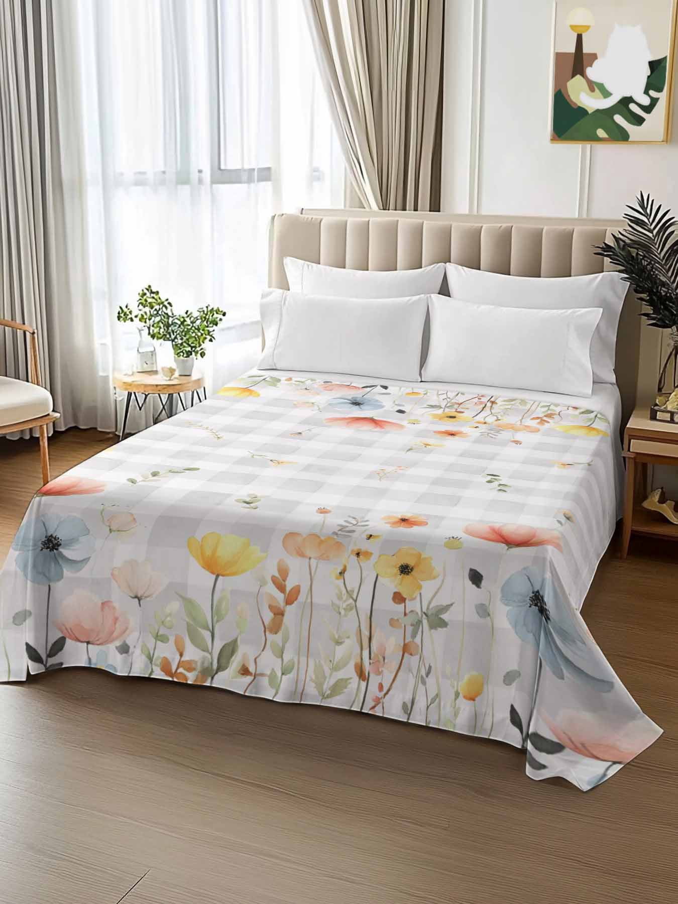 Sheets King Pattern Spring King Size Flat Sheet Only,Spring Floral Leaves Gray Gingham Soft ...