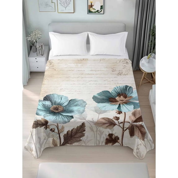 Queen Size Flat Sheet Only, Spring Floral Vintage Soft Brushed Microfiber Bed Sheets, Retro Teal Tulips Botanical Summer Hotel Quality Breathable Bedding Top Sheet, Easy Care, 90"x102"
