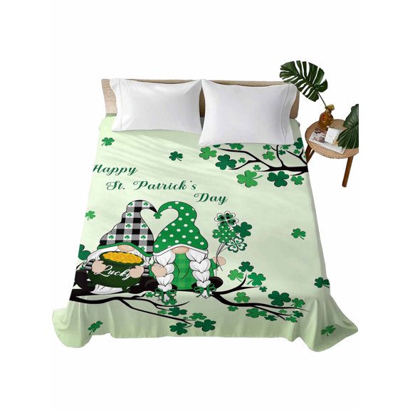 Queen Size Flat Sheet Only, St. Patrick's Day Soft Brushed Microfiber Bed Sheets, Green Ombre Lucky Tree Gnomes Hotel Quality Breathable Bedding Top Sheet, Easy Care, 90"x102"