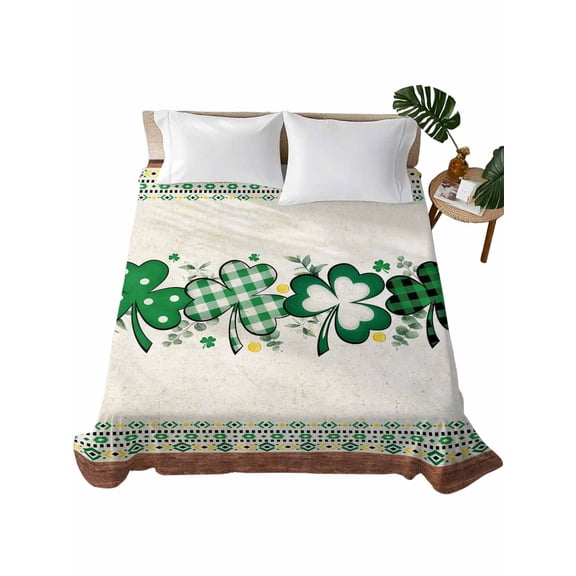 Queen Size Flat Sheet Only, St. Patrick's Day, Soft Brushed Microfiber Bed Sheets, Southwestern Eucalyptus Shamrock Plaid Hotel Quality Breathable Bedding Top Sheet, Easy Care, 90"x102"