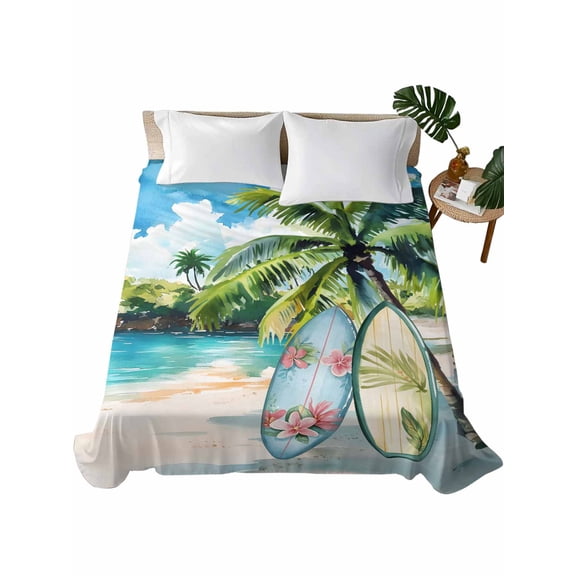 Queen Size Flat Sheet Only, Summer Beach Soft Brushed Microfiber Bed Sheets, Tropical Coastal Palm Tree Surfboard Hotel Quality Breathable Bedding Top Sheet, Easy Care, 90"x102"