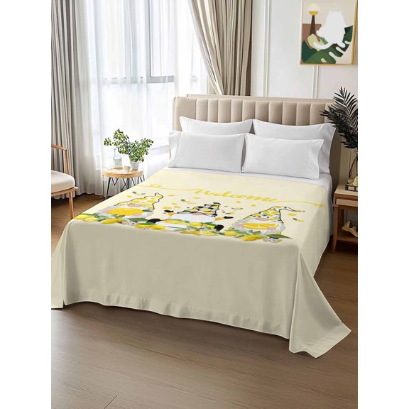 King Size Flat Sheet Only,Summer Idyllic Lemon Dwarf Soft Breathable Top Bedding Sheets Country Yellow Fruits Gnome Art Microfiber Hotel Flat Sheets