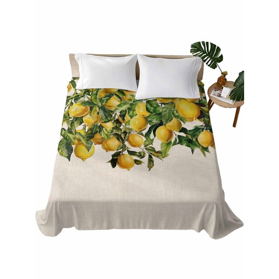 Queen Size Flat Sheet Only, Summer Lemon Soft Brushed Microfiber Bed Sheets, Green Botancial Summer Yellow Fruits Rustic Hotel Quality Breathable Bedding Top Sheet, Easy Care, 90"x102"