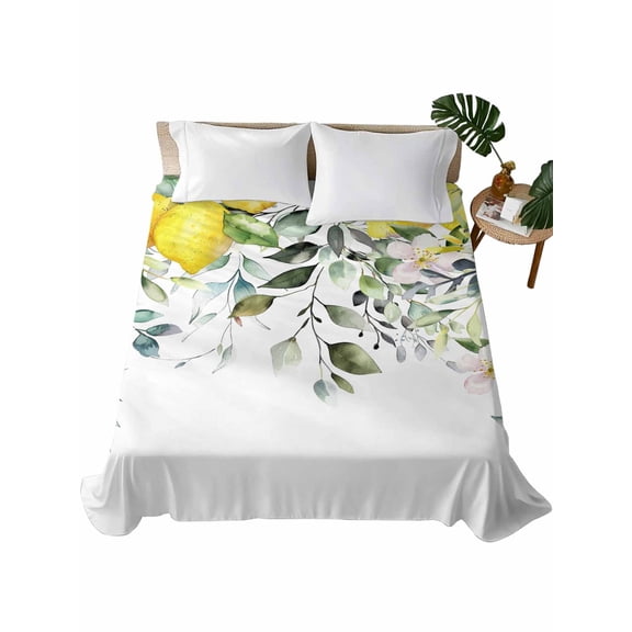 Queen Size Flat Sheet Only, Summer Lemon Soft Brushed Microfiber Bed Sheets, Spring Floral Eucalyptus Leaves Botanical Hotel Quality Breathable Bedding Top Sheet, Easy Care, 90"x102"