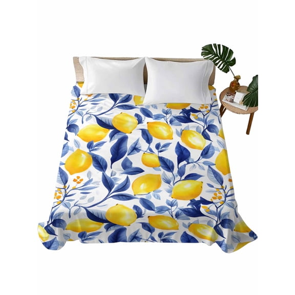 Queen Size Flat Sheet Only, Summer Lemon Soft Brushed Microfiber Bed Sheets, Watercolor Yellow Blue Garden Floral Hotel Quality Breathable Bedding Top Sheet, Easy Care, 90"x102"