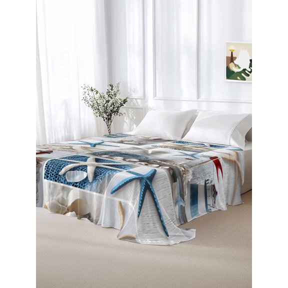 King Size Flat Sheet Only,Summer Ocean Starfish Shell Conch Lighthouse Soft Top Bed Sheets Breathable Bedding Sheet Ocean Collage Art Microfiber Hotel Luxury Top Sheets