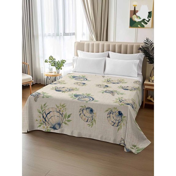 King Size Flat Sheet Only,Summer Sea Shell Conch Soft Top Bed Sheets Breathable Bedding Sheet Rustic Green Leaf Retro Linen Texture Microfiber Hotel Top Sheets