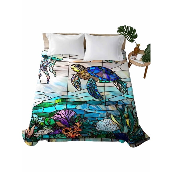 King Size Flat Sheet Only, Summer Sea Turtle Soft Brushed Microfiber Bed Sheets, Stained Glass Ocean Jellyfish Coral Hotel Quality Breathable Bedding Top Sheet, Easy Care, 90"x102"