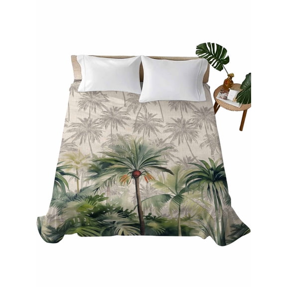 Queen Size Flat Sheet Only, Summer Tropical Leaves Soft Brushed Microfiber Bed Sheets, Green Palm Trees Botanical Hotel Quality Breathable Bedding Top Sheet, Easy Care, 90"x102"