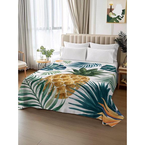 King Size Flat Sheet Only,Summer Tropical Pineapple Soft Top Bed Sheets Breathable Bedding Sheet Vintage Wooden Plank Microfiber Hotel Luxury Top Sheets