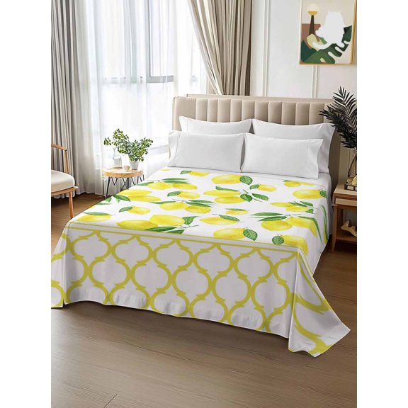 King Size Flat Sheet Only,Summer Watercolor Lemon Fruit Soft Breathable Top Bedding Sheets Yellow Moroccan Tile Microfiber Hotel Flat Sheets