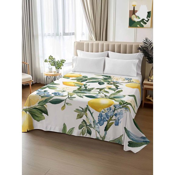 King Size Flat Sheet Only,Summer Watercolor Lemon Fruit Soft Top Bed Sheets Breathable Bedding Sheet Vintage Citrus Leaf Microfiber Hotel Luxury Top Sheets