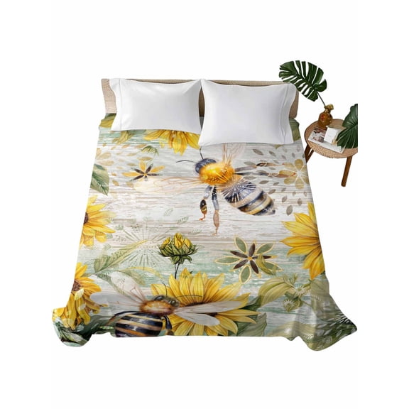 Queen Size Flat Sheet Only, Sunflower Bee Soft Brushed Microfiber Bed Sheets, Vintage Summer Botanical Farmhouse Hotel Quality Breathable Bedding Top Sheet, Easy Care, 90"x102"