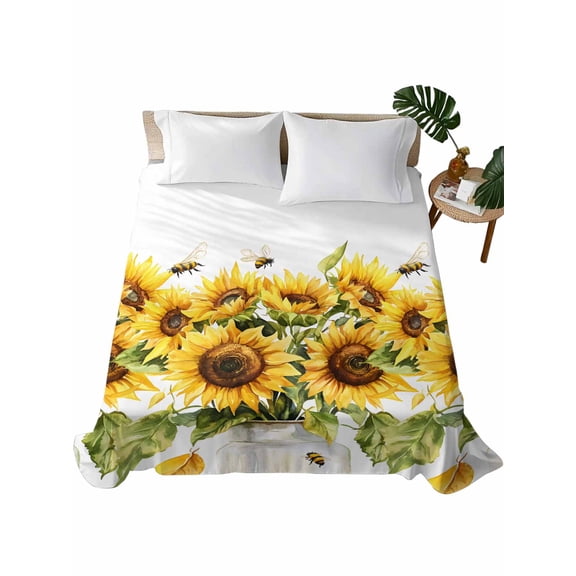 Queen Size Flat Sheet Only, Sunflower Bee Soft Brushed Microfiber Bed Sheets, Watercolor Yellow White Summer Spring Hotel Quality Breathable Bedding Top Sheet, Easy Care, 90"x102"