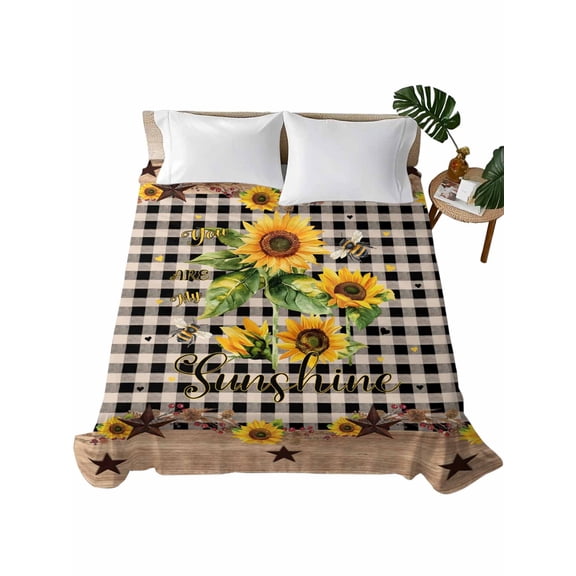 Queen Size Flat Sheet Only, Sunflower Plaid Soft Brushed Microfiber Bed Sheets, Country Sunshine Star Vintage Bee Black Hotel Quality Breathable Bedding Top Sheet, Easy Care, 90"x102"