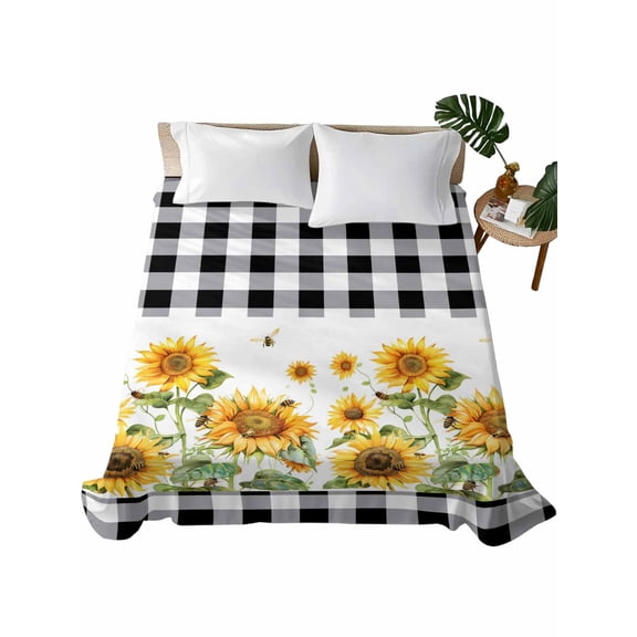 King Size Flat Sheet Only, Sunflower Soft Brushed Microfiber Bed Sheets, Black White Buffalo Plaid Check Country Bee Hotel Quality Breathable Bedding Top Sheet, Easy Care, 90"x102"