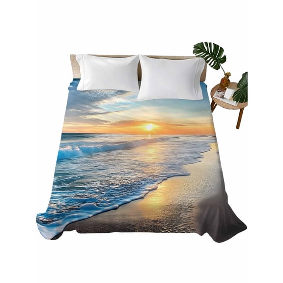 Queen Size Flat Sheet Only, Sunset Beach Soft Brushed Microfiber Bed Sheets, Spray Ocean Waves Sky Nature Scenery Hotel Quality Breathable Bedding Top Sheet, Easy Care, 90"x102"