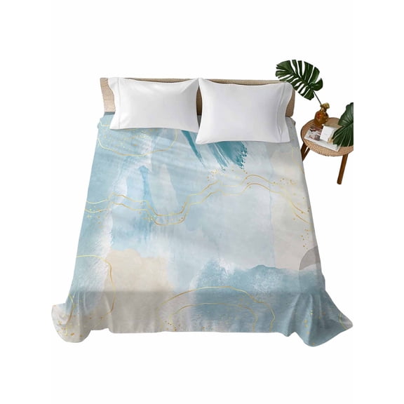 Queen Size Flat Sheet Only, Teal Ombre Marble Soft Brushed Microfiber Bed Sheets, Yellow Modern Geometric Abstract Art Hotel Quality Breathable Bedding Top Sheet, Easy Care, 90"x102"