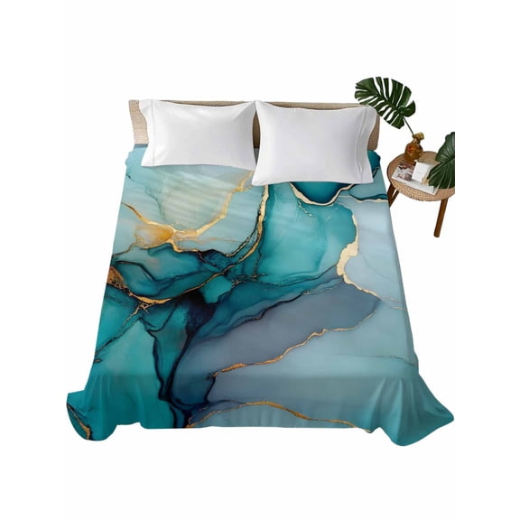 Queen Size Flat Sheet Only, Teal Ombre Soft Brushed Microfiber Bed Sheets, Modern Marble Ink Painted Abstract Hotel Quality Breathable Bedding Top Sheet, Easy Care, 90"x102"