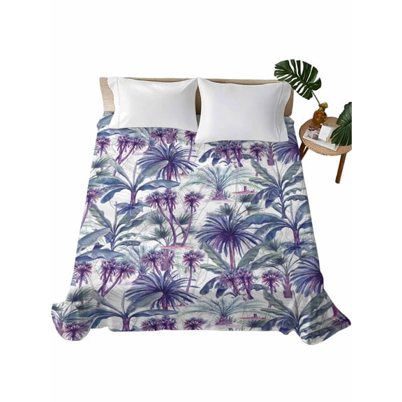 Queen Size Flat Sheet Only, Teal Purple Palm Trees Soft Brushed Microfiber Bed Sheets, Summer Botanical Tropical Leaves Hotel Quality Breathable Bedding Top Sheet, Easy Care, 90"x102"