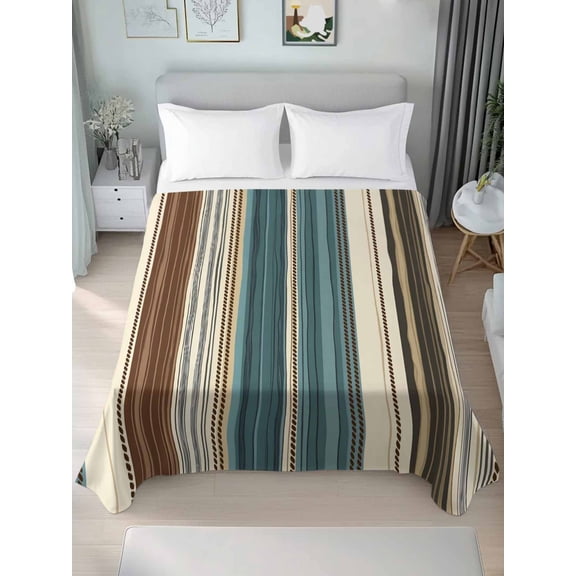 Queen Size Flat Sheet Only, Turquoise Beige Striped Soft Brushed Microfiber Bed Sheets, Modern Farmhouse Vertical Stripes Hotel Quality Breathable Bedding Top Sheet, Easy Care, 90"x102"