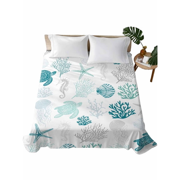 Queen Size Flat Sheet Only, Turquoise Coastal Soft Brushed Microfiber Bed Sheets, Nautical Summer Beach Coral Sea Turtle Hotel Quality Breathable Bedding Top Sheet, Easy Care, 90"x102"