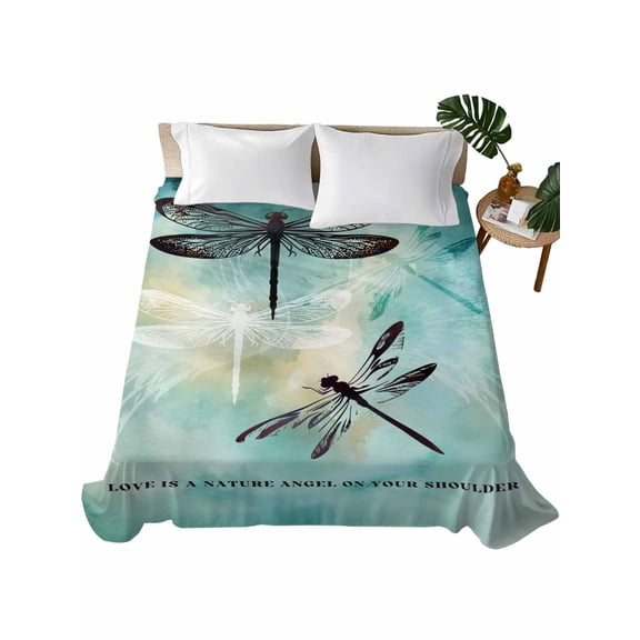 Queen Size Flat Sheet Only, Turquoise Dragonfly Soft Brushed Microfiber Bed Sheets, Country Gradient Black Animals Hotel Quality Breathable Bedding Top Sheet, Easy Care, 90"x102"