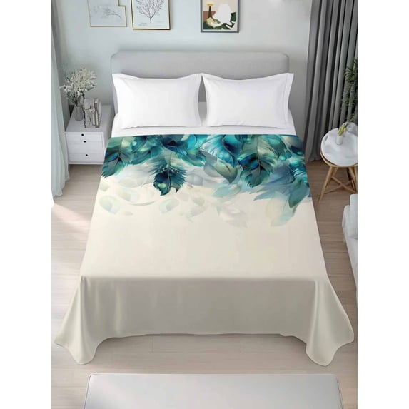 Queen Size Flat Sheet Only, Turquoise Feather Soft Brushed Microfiber Bed Sheets, Farmhouse Rustic Modern Beige Hotel Quality Breathable Bedding Top Sheet, Easy Care, 90"x102"
