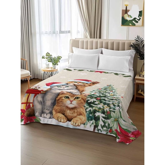 King Size Flat Sheet Only,Vintage Christmas Tree Red Flowers Soft Breathable Top Bedding Sheets Cat on Linen Microfiber Hotel Luxury Flat Sheets