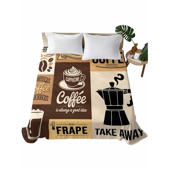Queen Size Flat Sheet Only, Vintage Coffee Soft Brushed Microfiber Bed Sheets, Farmhouse Retro Art Coffee Beans Hotel Quality Breathable Bedding Top Sheet, Easy Care, 90"x102"