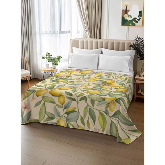 King Size Flat Sheet Only,Vintage Farm Lemon Leaves Soft Breathable Top Bedding Sheets Watercolor Summer Fruit Tree Microfiber Hotel Flat Sheets