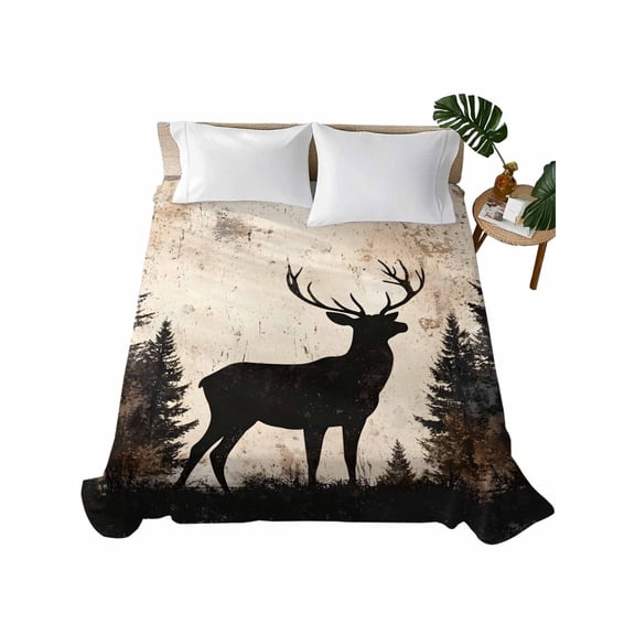 Queen Size Flat Sheet Only, Vintage Forest Deer Soft Brushed Microfiber Bed Sheets, Rustic Country Wildlife Woodland Hotel Quality Breathable Bedding Top Sheet, Easy Care, 90"x102"