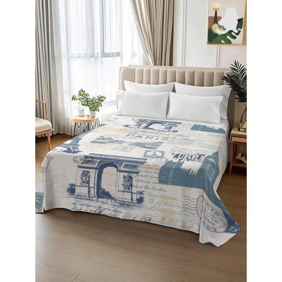 King Size Flat Sheet Only,Vintage Paris Architectural Blue Soft Top Bed Sheets Breathable Bedding Sheet Modern Abstract Art Microfiber Hotel Luxury Flat Sheets