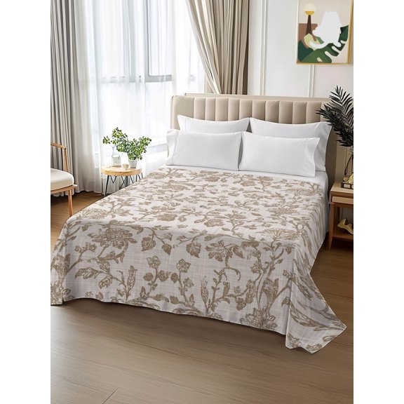 King Size Flat Sheet Only,Vintage Pastoral Khaki Flower Soft Top Bed Sheets Breathable Bedding Sheet Watercolor Pastoral Plant Linen Microfiber Hotel Luxury Top Sheets