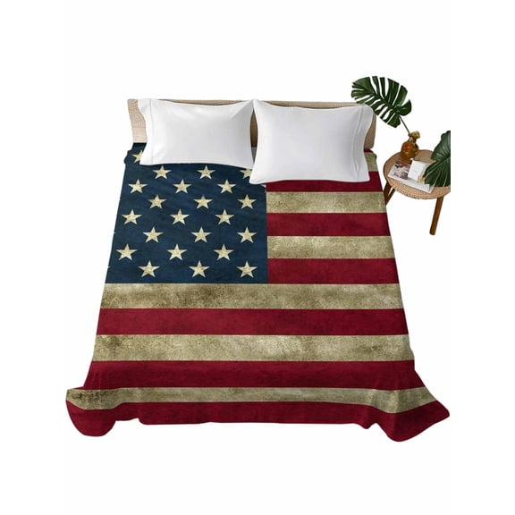 King Size Flat Sheet Only, Vintage Red American Flag Soft Brushed Microfiber Bed Sheets, US Flag Stripe Retro Starts Hotel Quality Breathable Bedding Top Sheet, Easy Care, 90"x102"