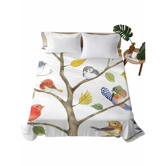 Queen Size Flat Sheet Only, Watercolor Bird Soft Brushed Microfiber Bed Sheets, Modern Spring Branch Colorful Leaf Hotel Quality Breathable Bedding Top Sheet, Easy Care, 90"x102"