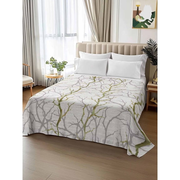 King Size Flat Sheet Only,Watercolor Forest Tree Branch Soft Top Bed Sheets Breathable Bedding Sheet Country Green Gray Plant Branches Microfiber Hotel Luxury Top Sheets