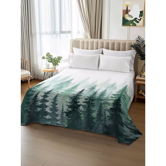 King Size Flat Sheet Only,Watercolor Pine Trees Forest Soft Top Bed Sheets Breathable Bedding Sheet Evergreen Tree Landscape Microfiber Hotel Luxury Top Sheets