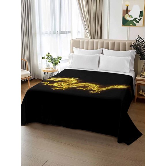 King Size Flat Sheet Only,Watercolor Yellow Flames Dragons on Black Soft Breathable Top Bedding Sheets Abstract Art Microfiber Hotel Flat Sheets