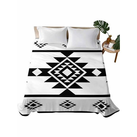Queen Size Flat Sheet Only, White Black Boho Soft Brushed Microfiber Bed Sheets, Southwest Ethnic Abstract Geometric Hotel Quality Breathable Bedding Top Sheet, Easy Care, 90"x102"