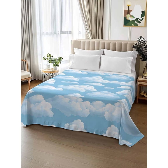 King Size Flat Sheet Only, White Clouds Soft Top Bed Sheets Breathable Bedding Sheet Symmetrical Pattern Microfiber Hotel Top Sheets