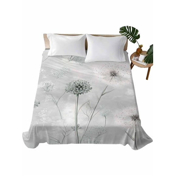 King Size Flat Sheet Only, White Green Dandelion Soft Brushed Microfiber Bed Sheets, Grey Floral Leaves Hotel Quality Breathable Bedding Top Sheet, Easy Care, 90"x102"