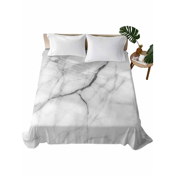 Queen Size Flat Sheet Only, White Marble Soft Brushed Microfiber Bed Sheets, Modern Geometric Abstract Minimalist Crack Hotel Quality Breathable Bedding Top Sheet, Easy Care, 90"x102"