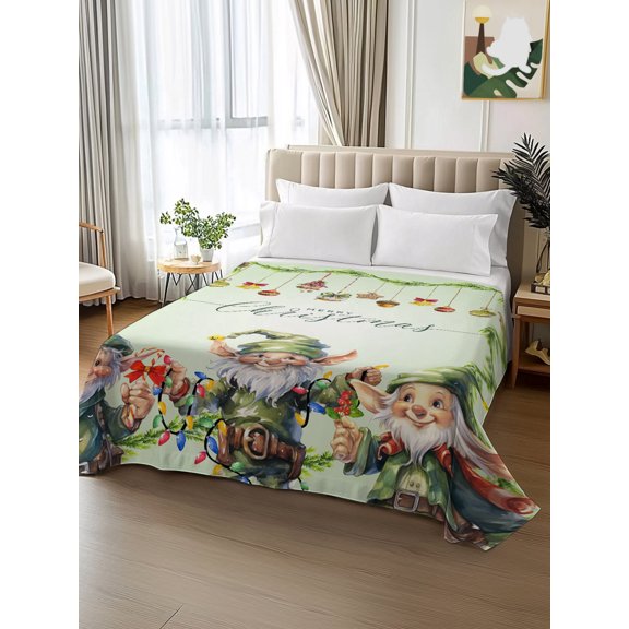 King Size Flat Sheet Only,Winter Green Elf Soft Breathable Top Bedding Sheets Christmas Bell Star Pinecone Ball Ornament Microfiber Hotel Luxury Flat Sheets