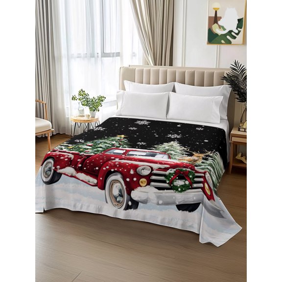 King Size Flat Sheet Only,Winter Snowflake Snowfall Truck Soft Breathable Flat Sheets Hotel Top Bedding Sheets Christmas Tree Black Back
